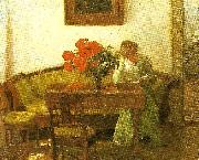 Anna Ancher valmuer pa et bord foran en lasende dame Sweden oil painting artist